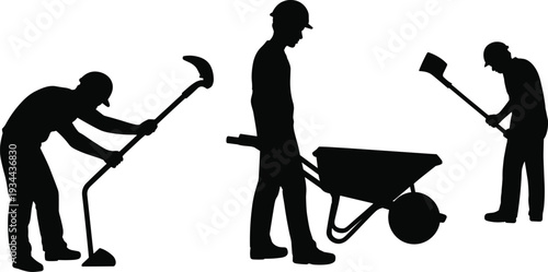 Construction workers silhouettes using tools and wheelbarrow illustrating manual labor, building work, industrial activity and workforce concept in minimal vector style