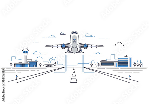 Modern Airport Scene With Commercial Airliner Taking Off From Runway Over Cityscape Buildings And Control Tower Illustration