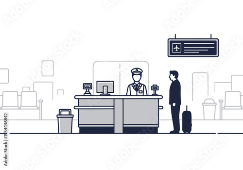 Airport Security Checkpoint With Officer Inspecting Passenger Luggage Before Boarding Airplane For Travel And Transport Concepts