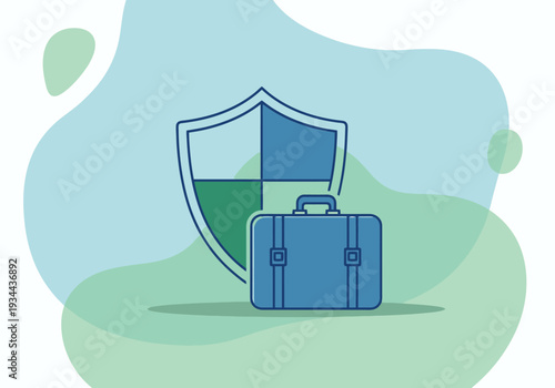 Business Security Concept Represented By A Shield Behind A Briefcase With Abstract Shapes In Background