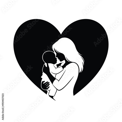 Mother holding her baby tenderly inside a large heart silhouette, symbolizing love and family