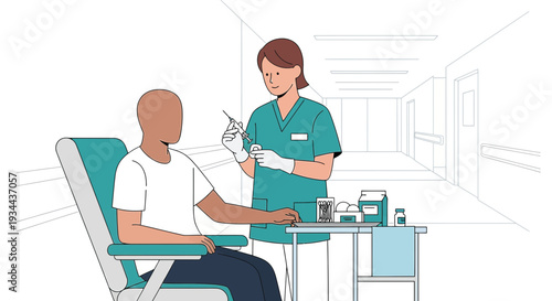 Nurse Administering Injection to Patient in Medical Clinic Hallway