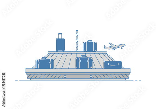 Travel Luggage Collection On Carousel Conveyor Belt System At Airport With Aircraft Taking Off In Background Business Trip Journey Transportation