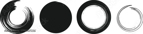 Four Black Ink Brush Stroke Circles And Ovals On White Background abstract
