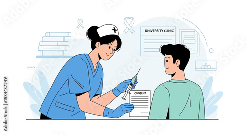 Nurse Administering Injection to Patient with Consent Form - Medical Illustration