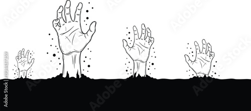 Creepy zombie hands rising from ground in dark grave silhouette spooky horror Halloween illustration concept with eerie undead reaching upward background