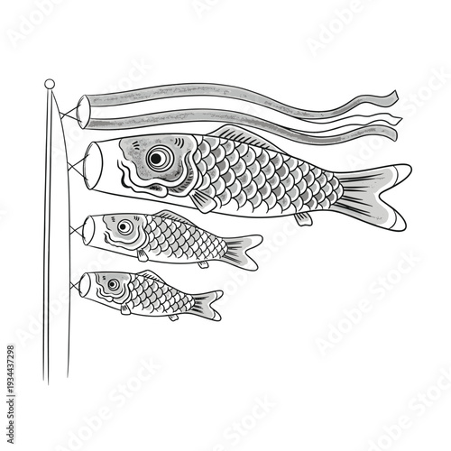 Traditional Japanese Koinobori carp streamers flying on a pole against a white background