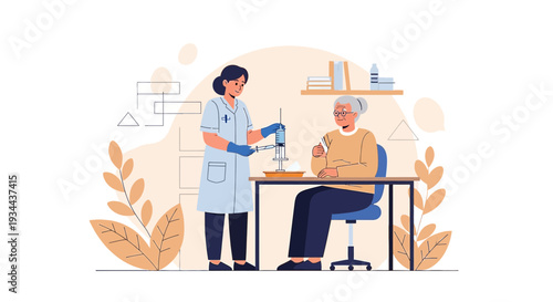 Nurse Administering Injection to Senior Patient at Desk - Healthcare Illustration