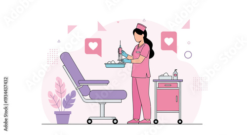 Nurse Administering Injection with Medical Equipment in Clinic - Vector Illustration