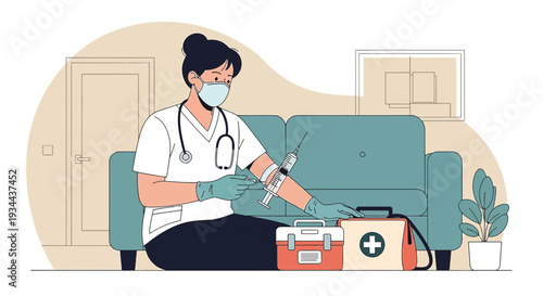 Nurse Administering Injection with Medical Kit and IV Drip Setup