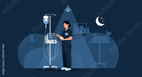 Nurse Administering IV Drip at Night