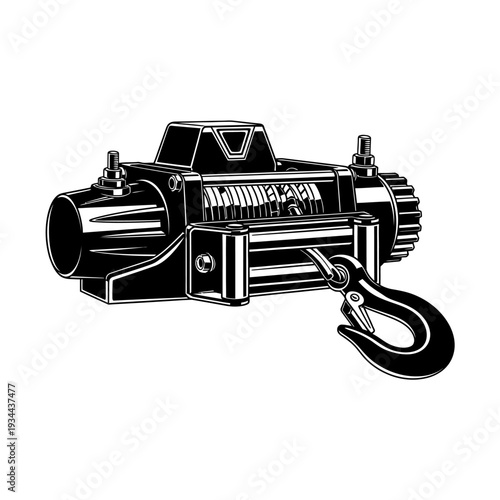 Heavy Duty Winch With Hook Off-Road Recovery Black Vector Silhouette for 4x4 Equipment and Towing Power