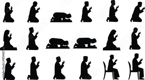 Islamic prayer silhouettes of men and women kneeling and sitting in prayer muslim praying
