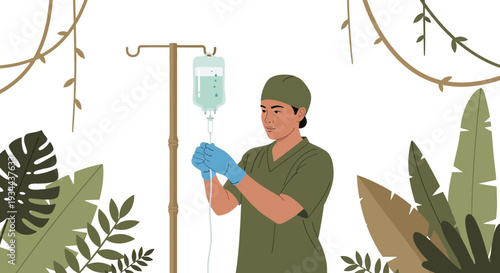 Nurse Administering IV Drip in Tropical Clinic Setting