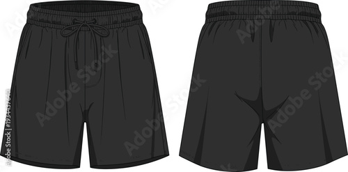 Front and back view of black athletic shorts with drawstring and elastic waistband sweat shorts gym shorts