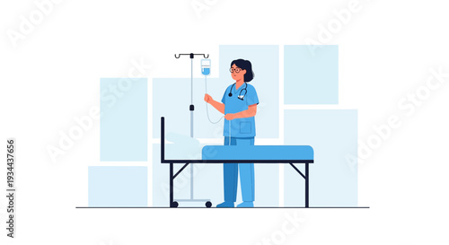 Nurse Administering IV Drip Next to Hospital Bed - Medical Care Illustration