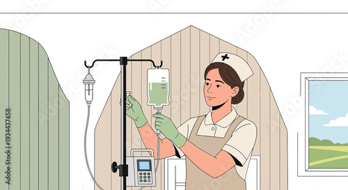Nurse Administering IV Drip Medication in Medical Setting