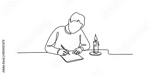 A simple line drawing of a person sitting at a desk, writing by the light of a single candle. Vector, illustration