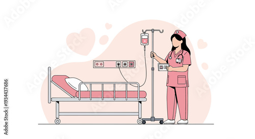 Nurse Administering IV Drip Next to Hospital Bed