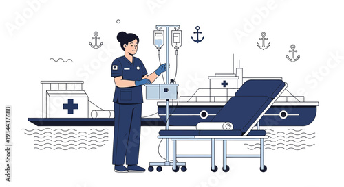 Nurse Administering IV Drip on a Medical Ship