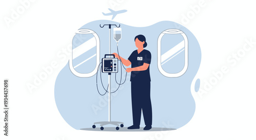 Nurse Administering IV Drip on Airplane, Medical Air Travel Concept