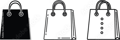 Shopping bag icons in black and white outline and solid fill with shadow commerce retail