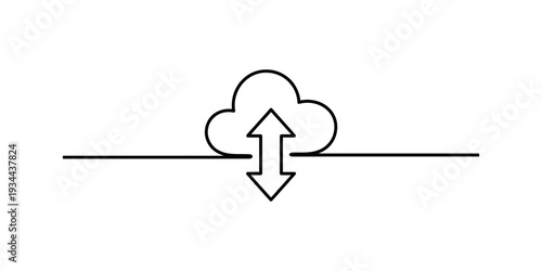 A simple black and white line drawing icon representing cloud computing and data transfer with an up and down arrow Vector, illustration