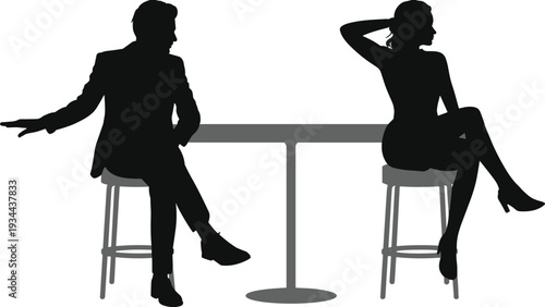 Silhouette Couple Sitting at Table with Stools on White Background vector illustration