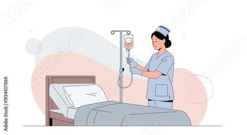Nurse Administering IV Drip to Patient in Hospital Bed - Medical Care Illustration