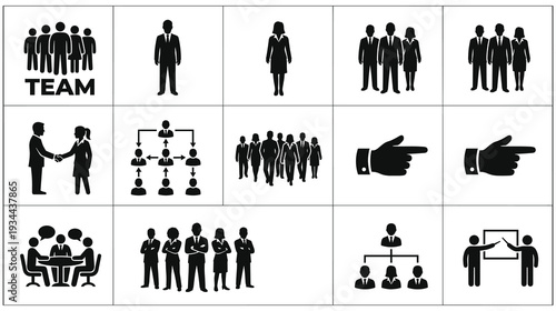 Business team meeting and management icons set with different symbols