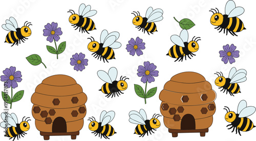 Cute cartoon bees with beehives and flowers, colorful vector illustration set of honey production and nature elements isolated on white background