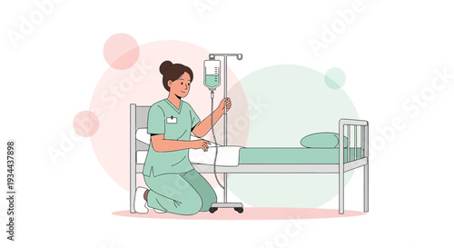 Nurse Administering IV Drip to Patient in Hospital Bed - Medical Illustration