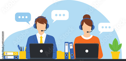 Customer support operators with headsets working at laptops vector illustration