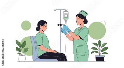 Nurse Administering IV Drip to Patient in Modern Clinic Illustration