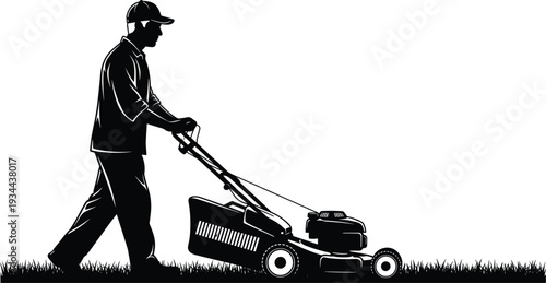 Silhouette of a man pushing a lawnmower on grass with white background vector illustration