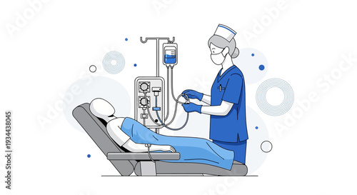 Nurse administering IV drip to patient, medical illustration, healthcare concept