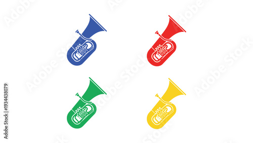 Colorful cartoon tubas arranged in a square formation with vibrant bells