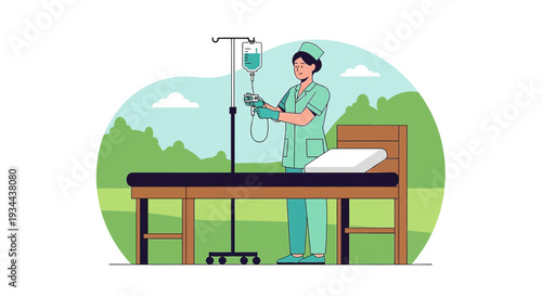 Nurse Administering IV Drip Treatment at Medical Bed Outdoors