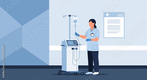 Nurse Administering IV Drip Treatment Beside Medical Equipment in Hospital Room