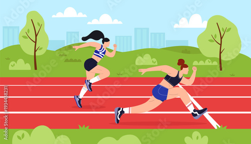 Two athletic female runners compete on a stadium track, with one runner overtaking the other. Flat vector illustration focused on speed, training and active lifestyle.