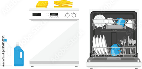Kitchen dishwasher with clean dishes and detergent vector illustration