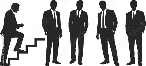 Silhouette of Businessman Climbing Stairs and Standing in Suits on White Background ladder