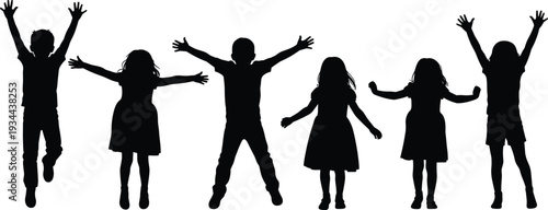 Silhouette of six diverse children jumping and raising their arms in joy on a white background kids raising arms
