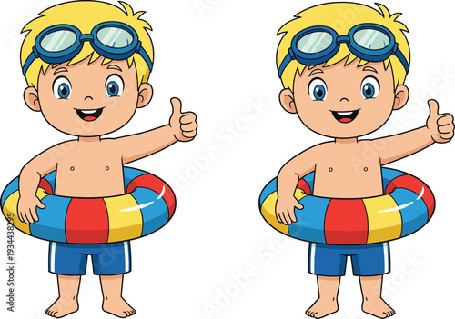 Cute cartoon boy wearing goggles and inflatable swim ring giving thumbs up isolated vector illustration for summer vacation, pool fun and kids activity