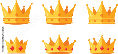 Set of luxury golden crown vector icons with red gems and jewels isolated on white background for royal, king, queen, and award design.
