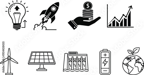 Business Growth and Innovation Icons: Energy, Finance, Startup, Success