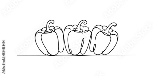 Black and white outline illustration of three fresh bell peppers arranged horizontally on a surface. Vector, illustration