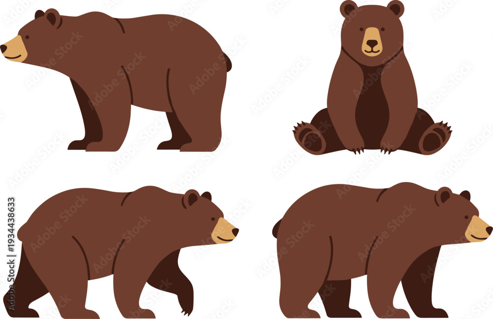 Naklejka premium Brown bear in different poses wildlife animal vector illustration set