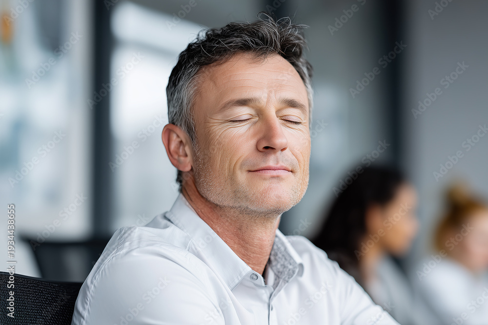 Fototapeta premium Businessman relaxes in meeting room during discussion with team members present and focused on conversation