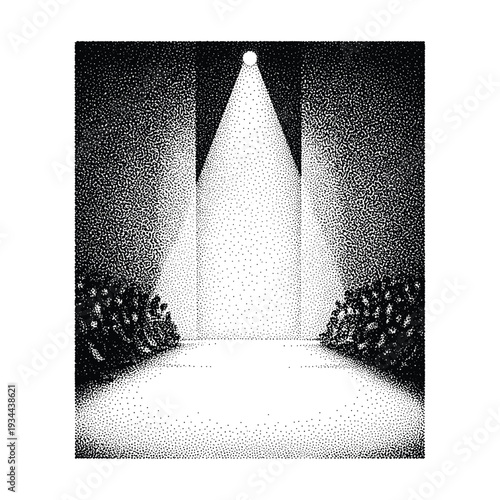 Spotlight illuminates a fashion runway with an audience watching in stippled art style